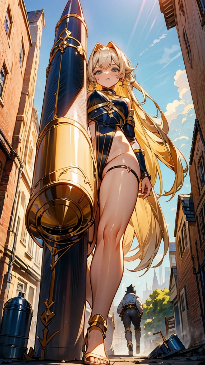 A sensual giantess in a revealing gold outfit, with long blonde hair and piercing blue eyes, walks through a quaint medieval village. Her powerful legs crush homes and shops beneath her heels, each step causing the earth to tremble. She gazes at the tiny villagers with a look of disdain, her voice filled with mocking laughter. Her voluptuous figure exudes an aura of raw power and sensuality, every movement a testament to her overwhelming dominance. Giantess, Goddess, sexy legs, heels, hot, curvy body, mommy issues, small town, small people, tiny people, macrophilia, perspective from below, high quality, almost naked, mature woman, seductive.

