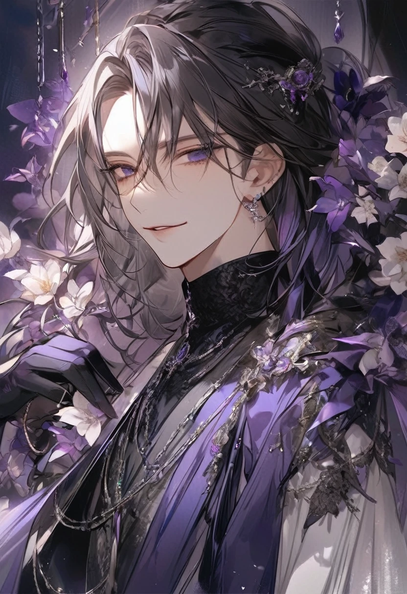 Guy, soft facial features, smile, squinted siren dark blue eyes without glare, silver and dark purple long loose hair with straight bang, fantasy black clothes with blue and purple elements, long black gloves, model, gorgeous, elegant, lots of silver jewelry, flowers in his hair