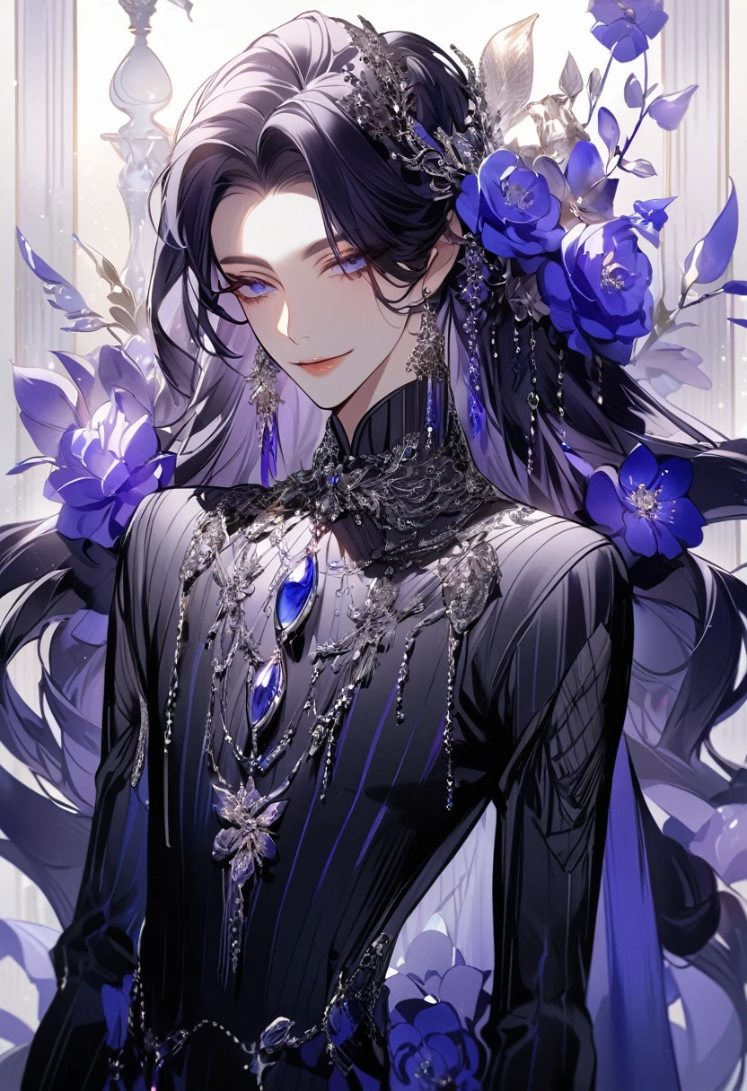 Feminine boy, soft womanish facial features, smile, squinted siren dark blue eyes without glare, silver and dark purple long loose hair with straight bang, fantasy black clothes with blue and purple elements, long black gloves, model, gorgeous, elegant, lots of silver jewelry, flowers in his hair, skinny body, hourglass figure, light lipstick