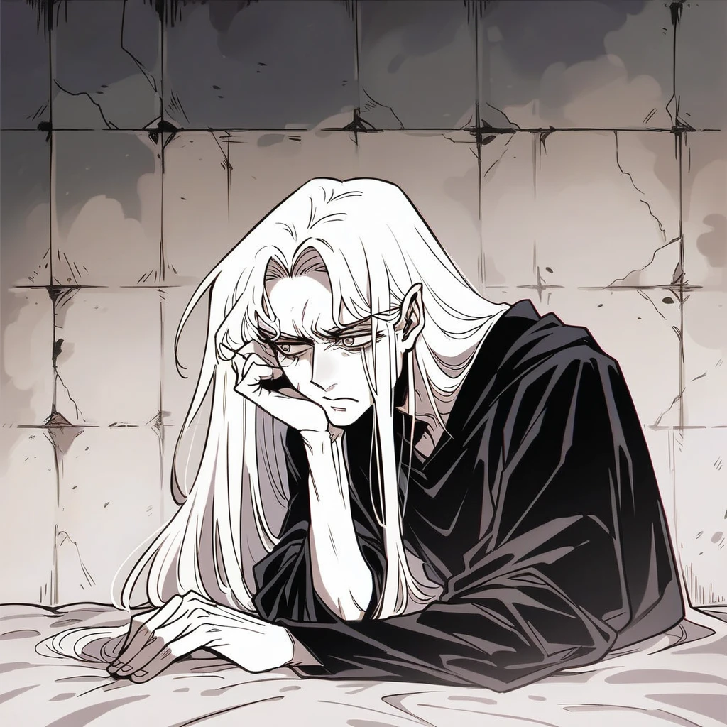 vintage, amazing details, Best quality, Motion Blur, surreal, Dreamy, very detailed, (Natural skin texture, soft light), (((Beautiful, high quality, a lot of details))), ((1 boy,)) Beautiful young boy, portrait, thin young man, Long white hair, pale skin, sad look, Painful face, Gloomy atmosphere, feeling of loneliness, black robe, looking into the camera