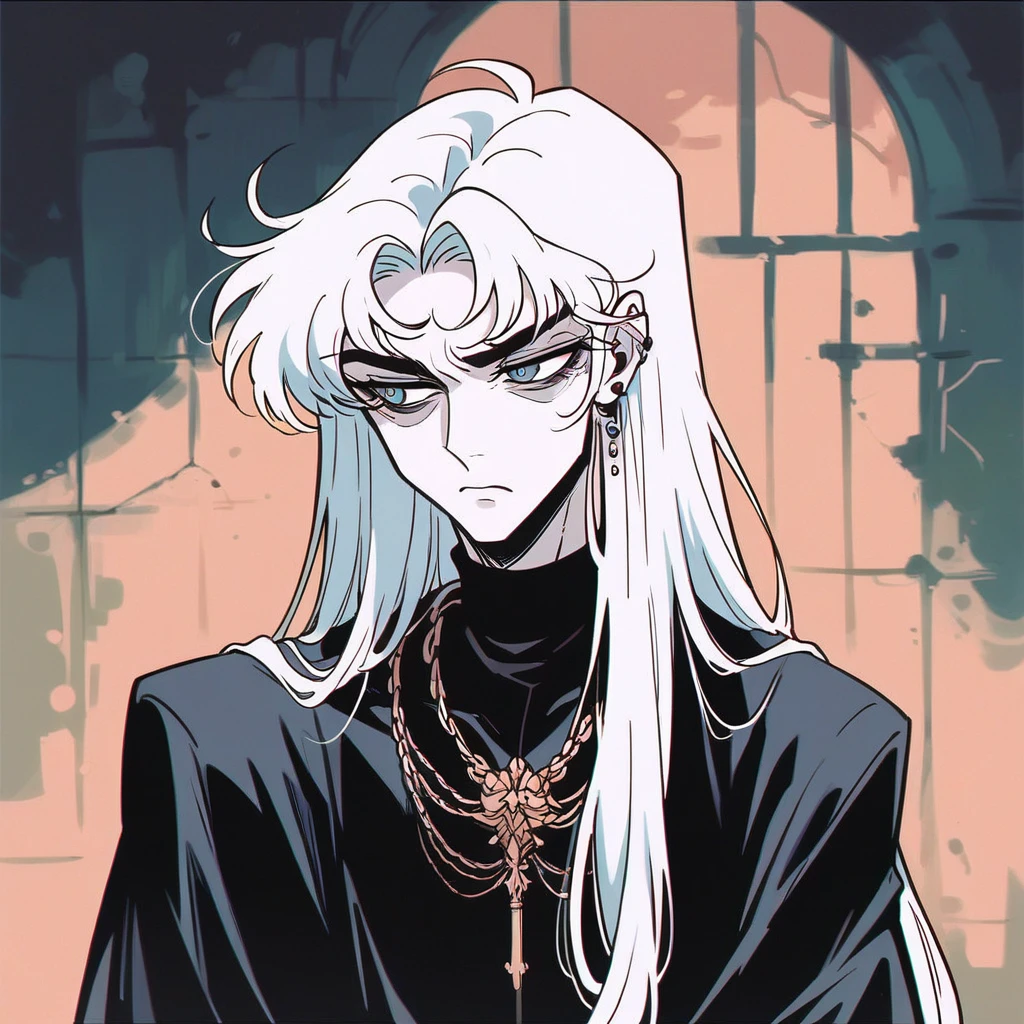 vintage, amazing details, Best quality, Motion Blur, surreal, Dreamy, very detailed, (Natural skin texture, soft light), (((Beautiful, high quality, a lot of details))), ((1 boy,)) Beautiful young boy, portrait, thin young man, Long white hair, pale skin, sad look, Painful face, Gloomy atmosphere, feeling of loneliness, black robe, looking into the camera