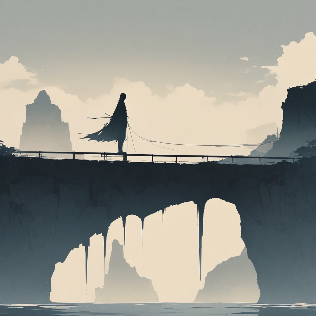 simple，Minimalist illustration，solitary figure，Cliff edge，bridge