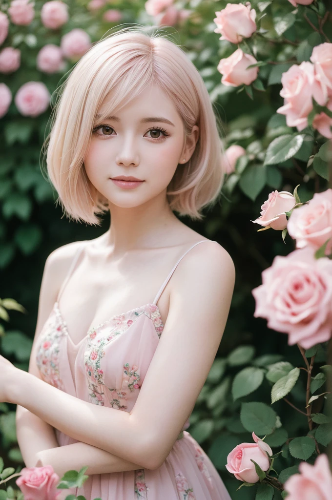 8K, RAW Photos, Fujifilm, Avril-like style photo of a beautiful young woman in a garden of pale pink roses (Highly detailed skin: 1.2) Style Petal Break Short Hair, Blonde and colored hair, Wearing a dress, Film Granulation, 35mm, Cute Style