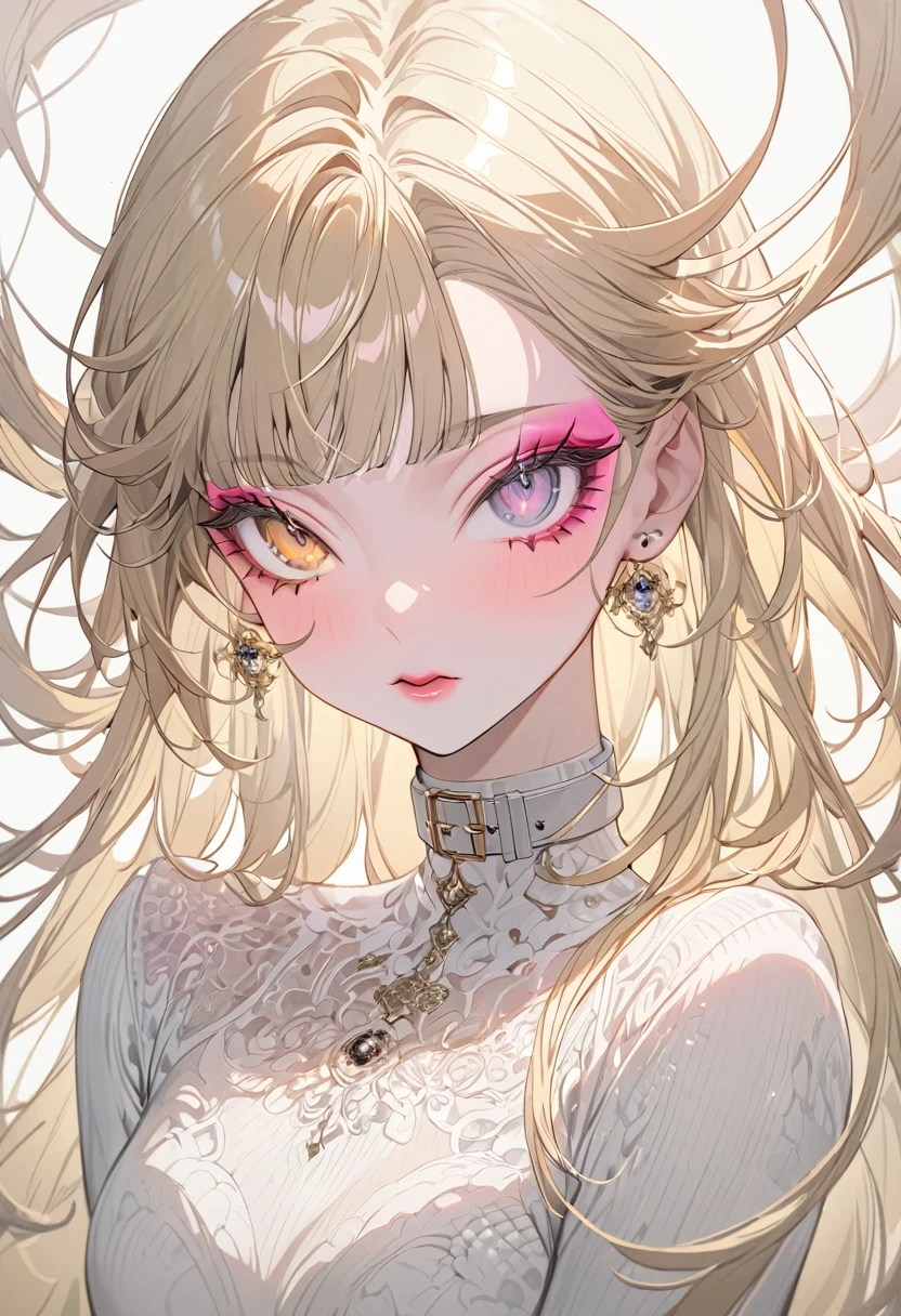 (Highest quality,Very detailed,High resolution:1.2),beautiful woman with perfect face,very_Long eyelashes, Detailed lips, Cool look, Soft Skin, Shiny Hair,Exquisite makeup,Heavy bangs,Gray pupils dilate,Long straight blonde hair with pink tips,、Ribbon on collar,Heterochromia iridis, black eye, Golden Eyes