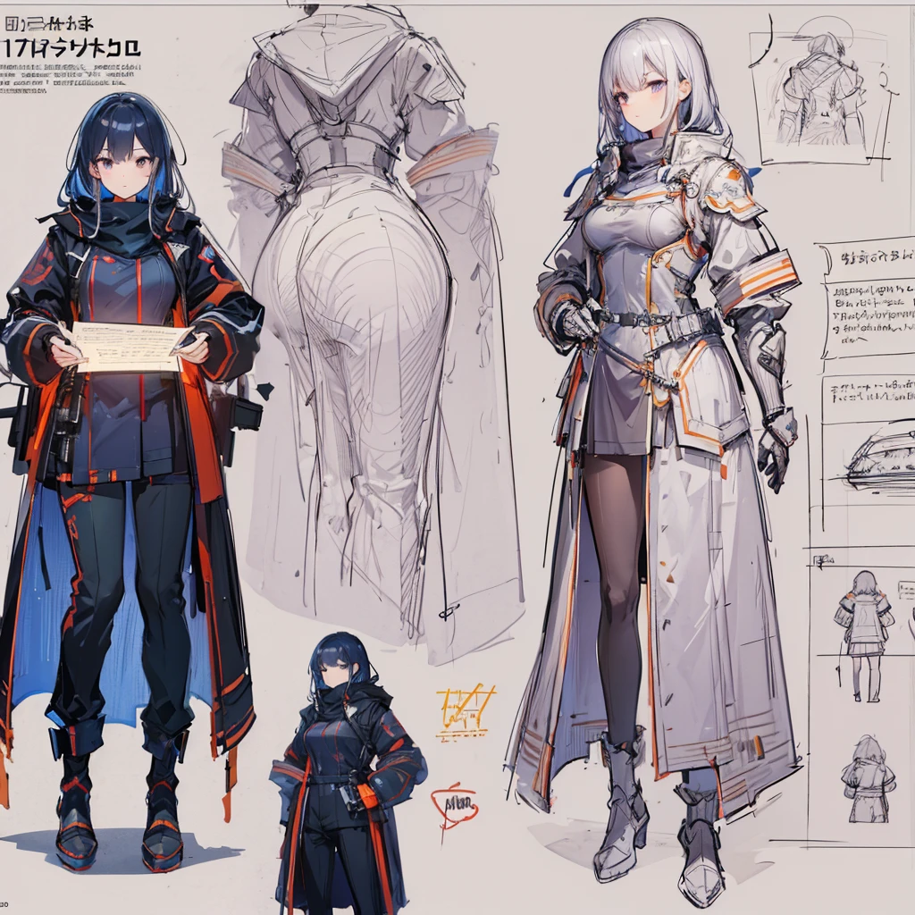 multiple views, pencil sketch, (sketch:1.25), best quality, Line draft, highres, (ultra-detailed:1.1), (illustration:1.1), (infographic:1.2), (solo), perfectly drawn hands, standing, cohesive background, paper, action, (character design:1.1)