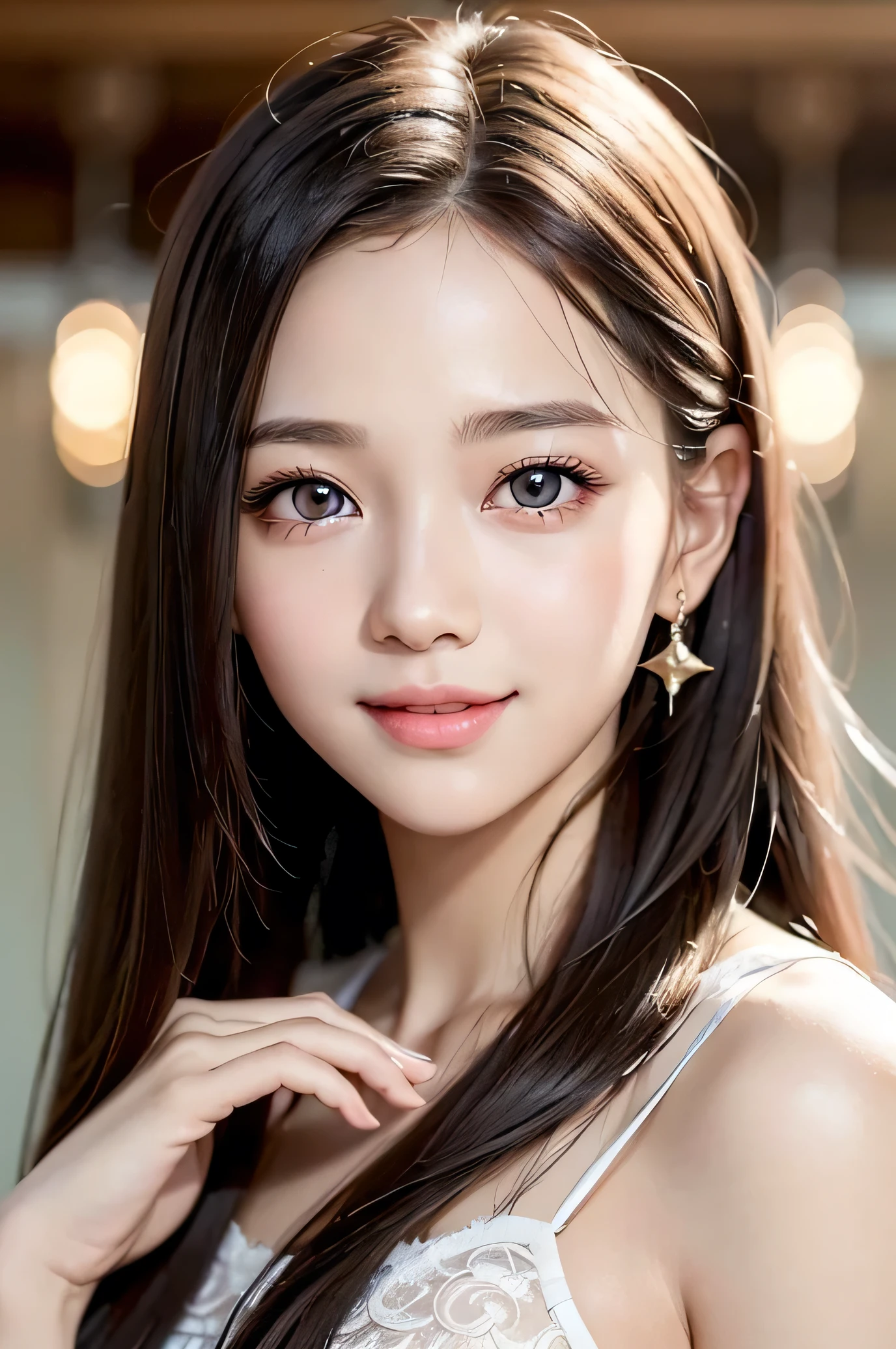 (Very beautiful  cute girl), (very  cute face:1.2),11 yo, (sparking crystal clear attractive large eyes:1.1), best looks, Beautiful detailed eyes, Detailed double eyelids, (smiling), (realistic photograph:1.2), long straight hair