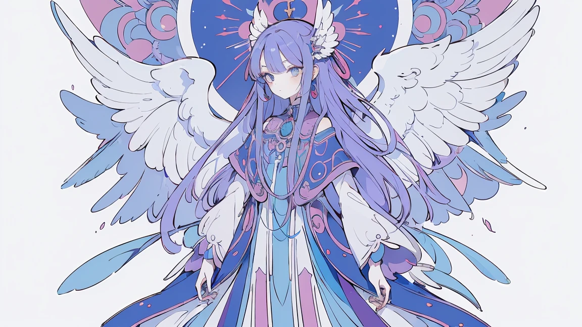 (Designed by nty:1.4),Upper body portrait of a girl,Bright blue purple, rich and colorful, Yoshitaka Amano character design,Solitary,Angelic, symmetrical beautiful, Angel Wings, Gorgeous long dress, stand up, (((Solitary))), Color Matching,Clear facial features, Clean lines design, Magic Elements, Future Technology, ((tarot card background)), Standing figure, ((Flat Color)), (masterpiece,Top quality,best quality,Ultra-high resolution), ((Exquisite facial features,Clear facial features,beautiful eyes,Pretty Face)) ,(32K Wallpaper),