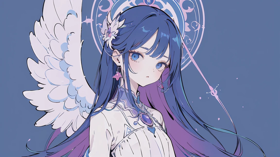 (Designed by nty:1.4),Upper body portrait of a girl,Bright blue purple, rich and colorful, Yoshitaka Amano character design,Solitary,Angelic, symmetrical beautiful, Angel Wings, Gorgeous long dress, stand up, (((Solitary))), Color Matching,Clear facial features, Clean lines design, Magic Elements, Future Technology, ((tarot card background)), Standing figure, ((Flat Color)), (masterpiece,Top quality,best quality,Ultra-high resolution), ((Exquisite facial features,Clear facial features,beautiful eyes,Pretty Face)) ,(32K Wallpaper),