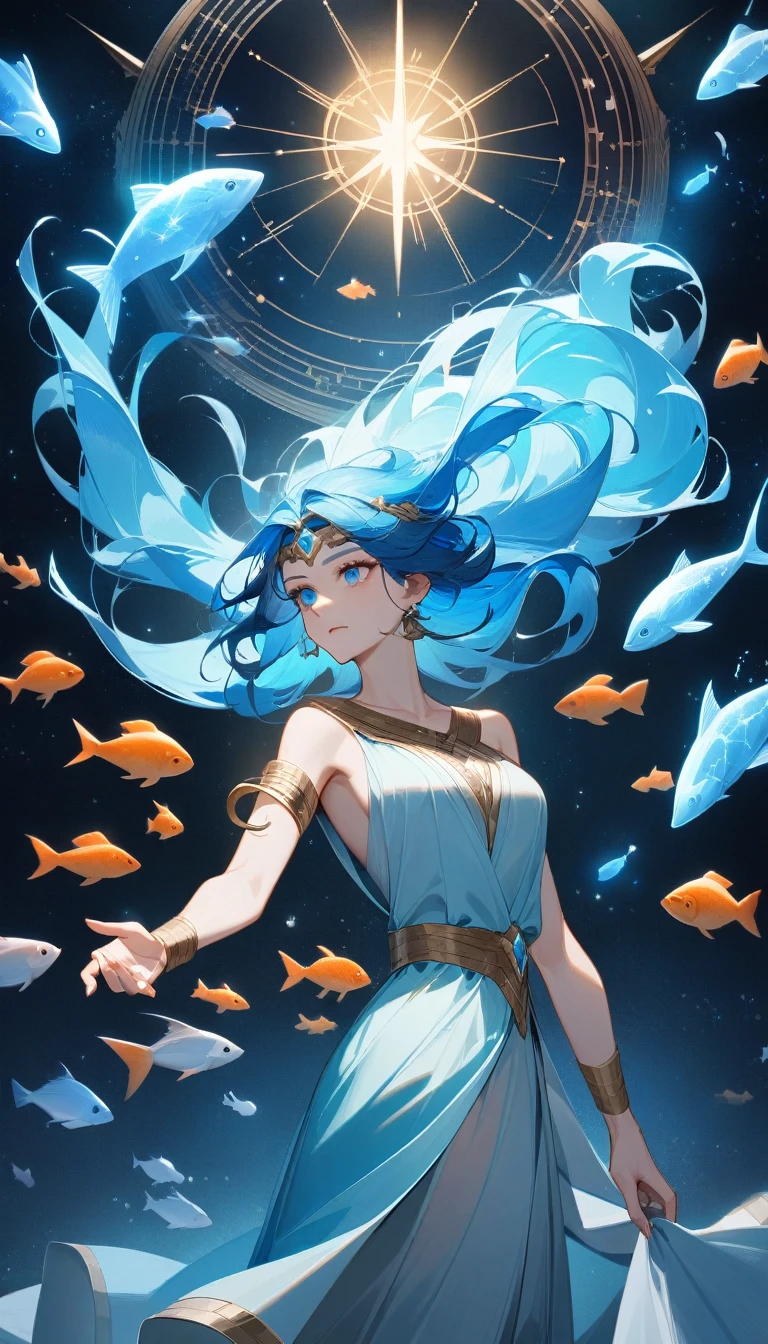 (Huang Li、high quality、Extremely detailed),Constellation-Pisces Goddess,Little fish,Woman petting a school of fish,Similar to Latin goodness,brave,capricious,Productivity,The face of enterprising and humanitarianism,Long blue hair,Ancient Greek costumes、Wrap Dress,The background is the universe,Crystal blue eyes(Eyes Details),Powerful appearance
