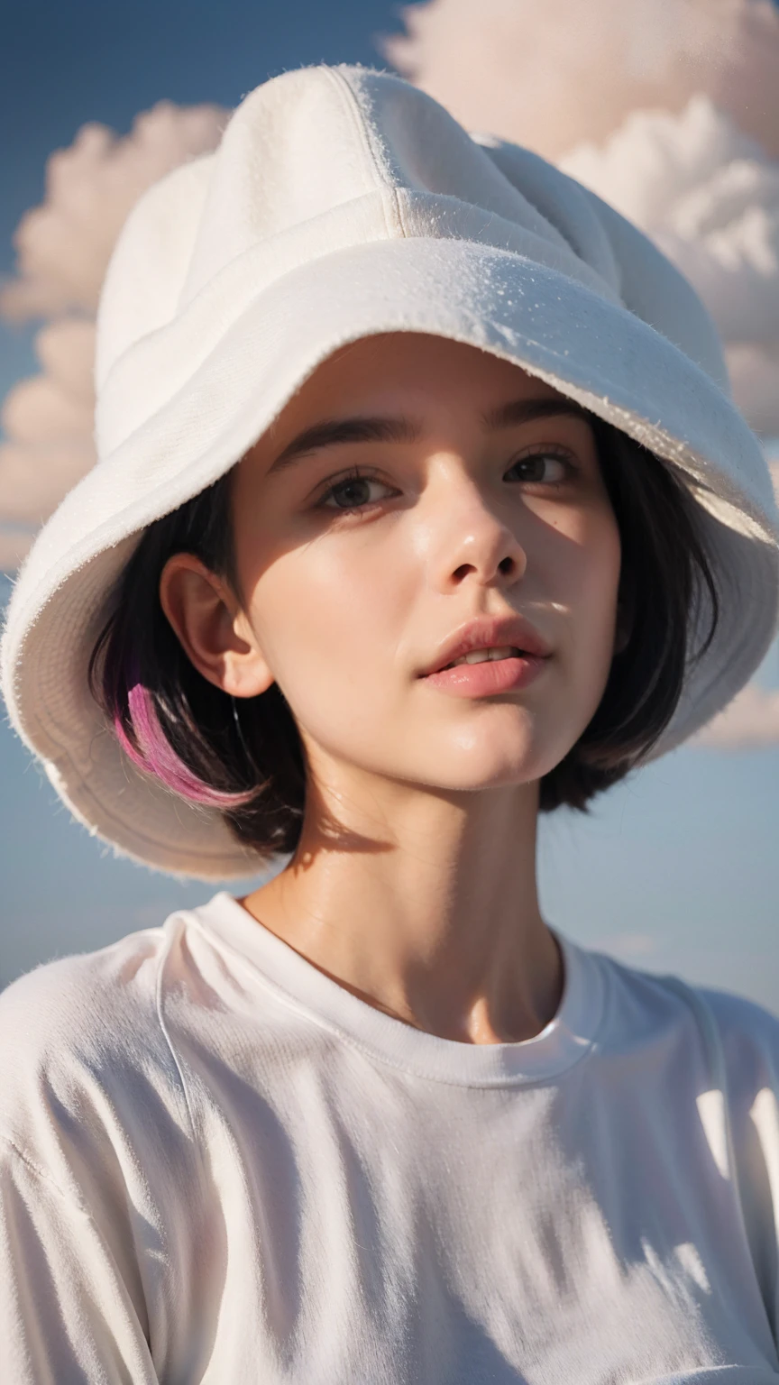 nebulous art of an (ethereal:1.2) cosmic goddess dissolving into nebulous clouds, colorful, nebulous texture, nebulous clouds, beautiful female face consisting entirely of clouds, looking at viewer, space, short hair
