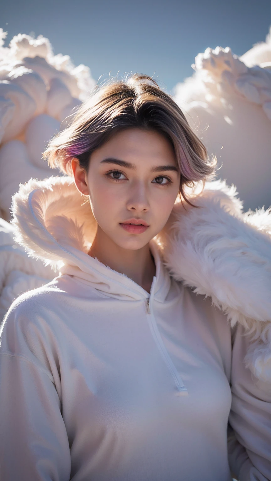 nebulous art of an (ethereal:1.2) cosmic goddess dissolving into nebulous clouds, colorful, nebulous texture, nebulous clouds, beautiful female face consisting entirely of clouds, looking at viewer, space, short hair