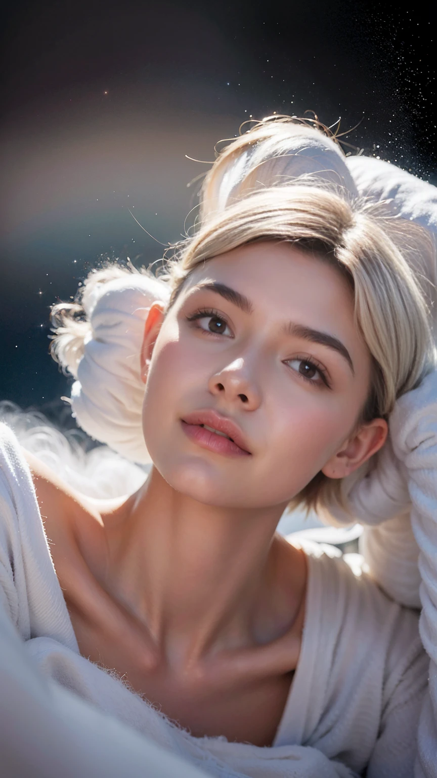 nebulous art of an (ethereal:1.2) cosmic goddess dissolving into nebulous clouds, colorful, nebulous texture, nebulous clouds, beautiful female face consisting entirely of clouds, looking at viewer, space, short hair