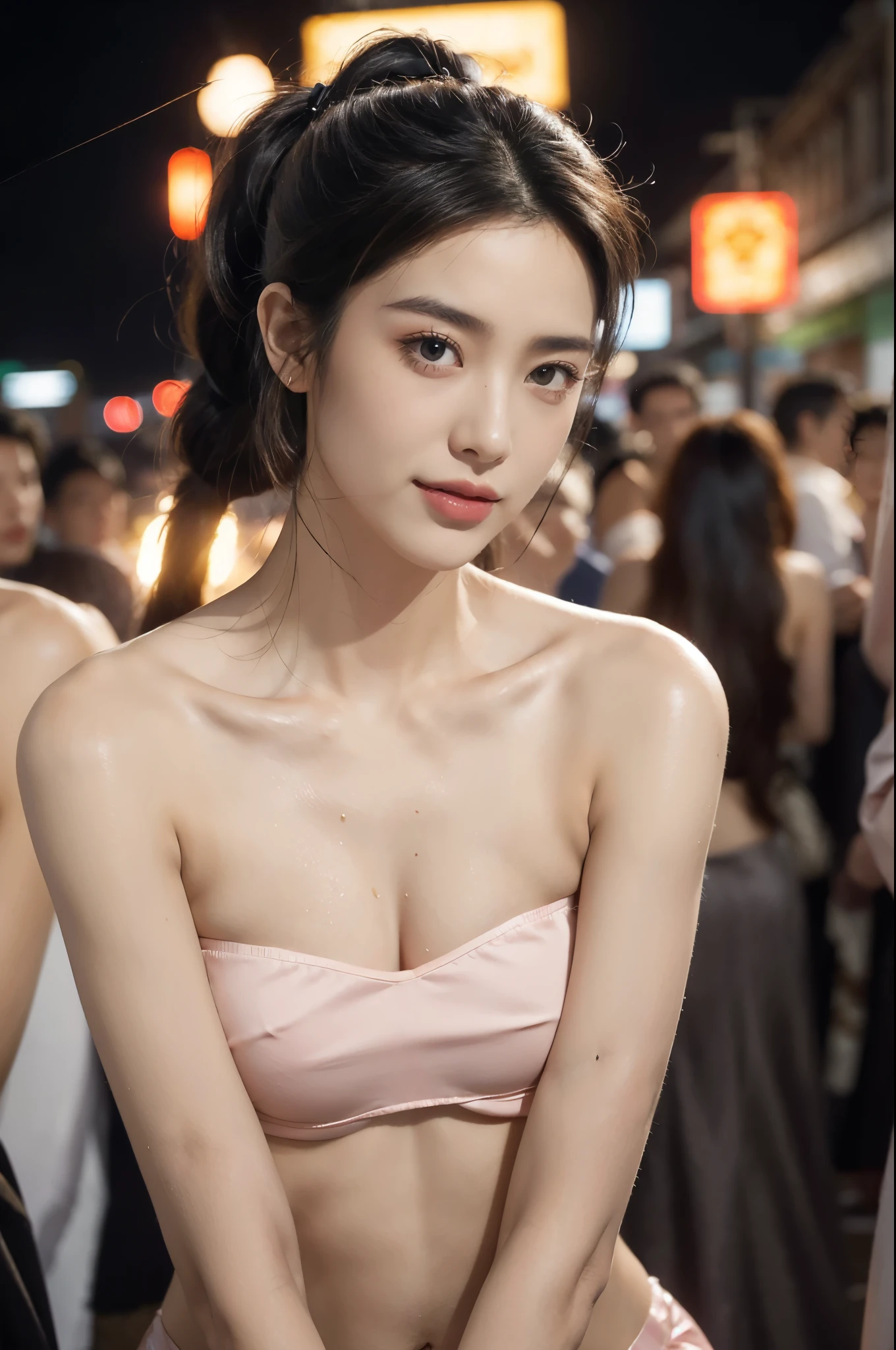 (((best quality))),(((ultra detailed))),(((masterpiece))),illustration,((1 beautiful girl,solo)),((slim,thin)),((small breasts,flat chest)),summer night,metropolis,barbecue joint,humble,vibrant energy,city that never sleeps,(short ponytail:1.2),(((female orgasmic,blush))),(sweat:1.3),(shiny skin:1.5),(strapless sheer bra:1.3),lightweight,practicality,style,sizzling hot grill,smooth,tanned skin,soft glow,skillfully,skewers,meat,intense concentration,bright eyes,alert,passion for work,atmosphere,vibrant,dynamic,laughter,conversation,sizzle,crackle,aromatic scent,tinged,radiant smile,genuine enjoyment,easy manner,warm presence,community,dedication,beauty in simplicity,midst of bustling city streets,outdoor,midnight,((from front,close-up of face)),(surrounded by crowded crowds:1.3)