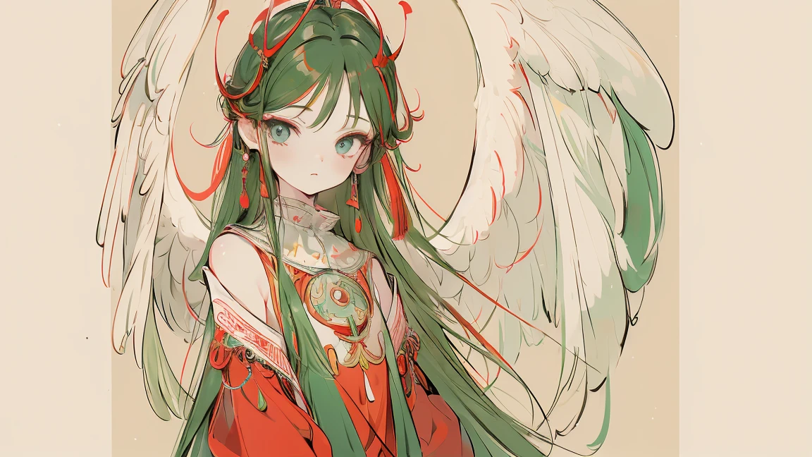 (Designed by nty:1.4),Upper body portrait of a girl, Red and green colorful, rich and colorful, Yoshitaka Amano character design,Solitary,Angelic, symmetrical beautiful, Angel Wings, Gorgeous long dress, stand up, (((Solitary))), Color Matching,Clear facial features, Clean lines design, Magic Elements, Future Technology, ((tarot card background)), Standing figure, ((Flat Color)), (masterpiece,Top quality,best quality,Ultra-high resolution), ((Exquisite facial features,Clear facial features,beautiful eyes,Pretty Face)) ,(32K Wallpaper),