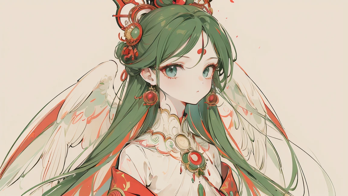 (Designed by nty:1.4),Upper body portrait of a girl, Red and green colorful, rich and colorful, Yoshitaka Amano character design,Solitary,Angelic, symmetrical beautiful, Angel Wings, Gorgeous long dress, stand up, (((Solitary))), Color Matching，Clear facial features, Clean lines design, Magic Elements, Future Technology, ((tarot card background)), Standing figure, ((Flat Color)), (masterpiece，Top quality，best quality，Ultra-high resolution), ((Exquisite facial features，Clear facial features，beautiful eyes，Pretty Face)) ,(32K Wallpaper),