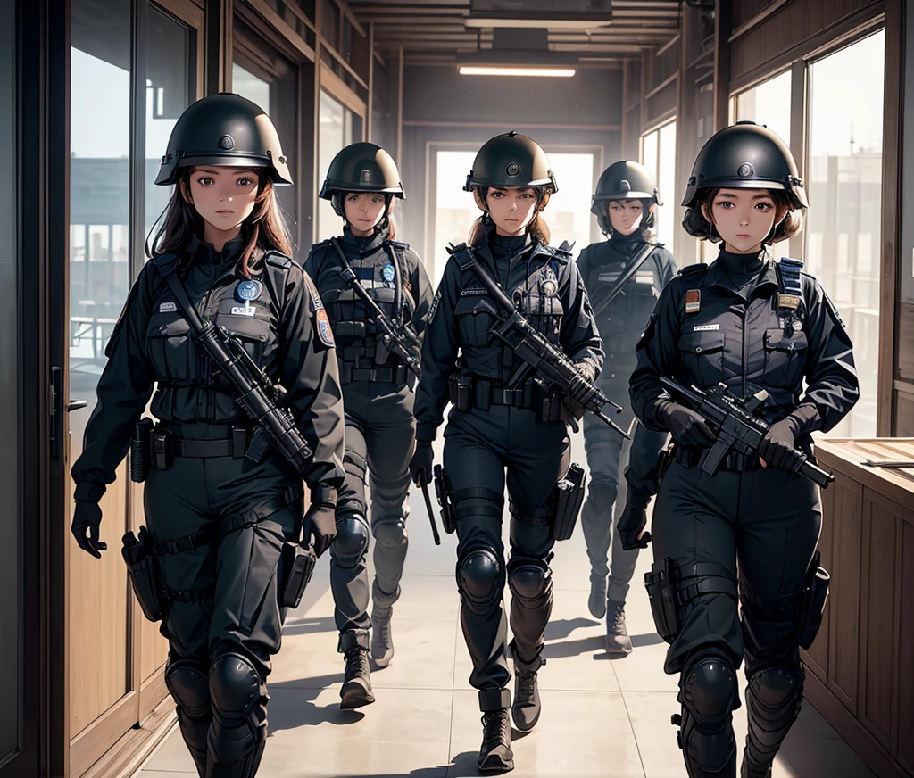 A group of policewomen in dark brown、Full helmet、Military Pants、Police equipment、Patrolling the corridors、Write details、masterpiece、best quality、Highly detailed CG、8K picture quality