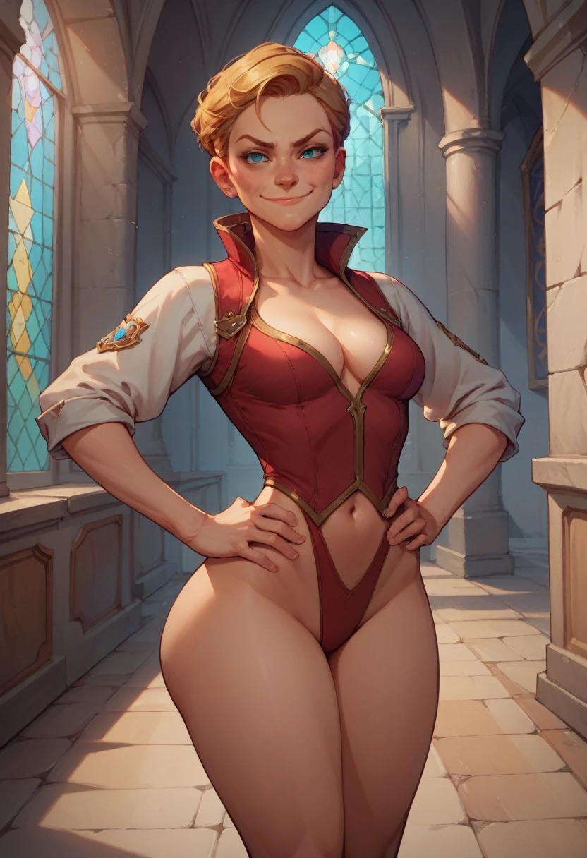 1woman, cleavage, in a castle, hands holding own hips, smirk, medium breasts, wide hips, big ass, Sasha Braus