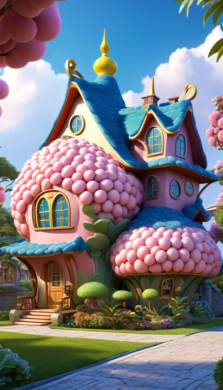 A lychee-shaped house，，Super big and cute，Cartoon，3d,Disney animation style，panoramic，Super Fine，Ultra Detail，Ultra HD