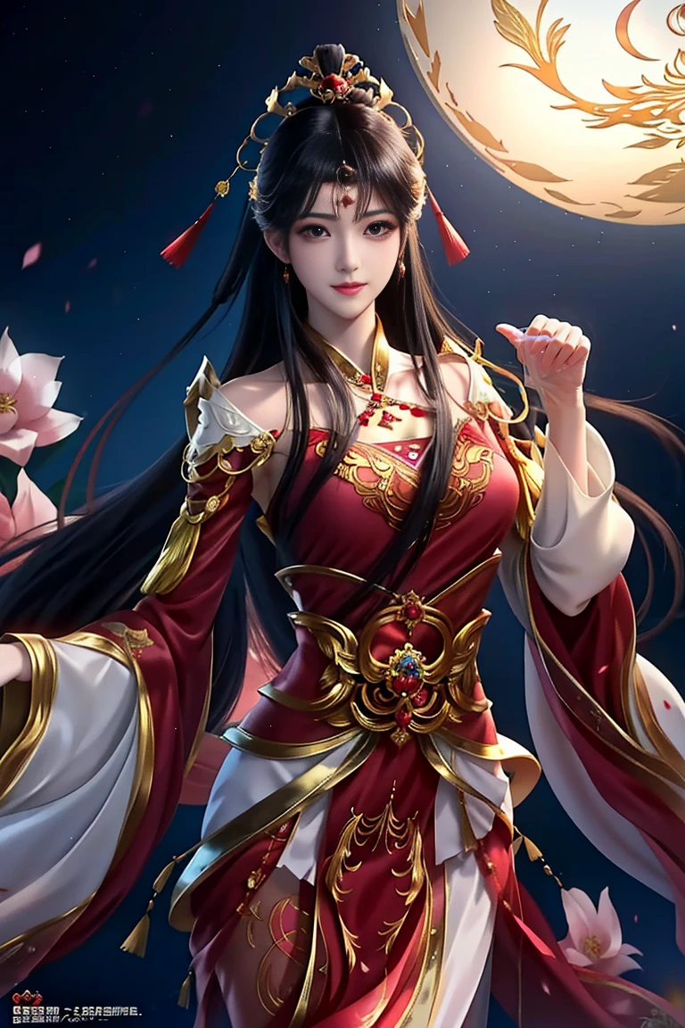 Golden royal dress,red color Hanfu,Silk material,ellegance,Unique charm,Graceful posture,Sexy lines,exquisite design,high-necked,fitted cut,Slender neck,As graceful as a swan,Warm and auspicious,Red pattern,Gorgeous and luxurious,Golden decoration,Bright colors,golden headdress,Thin gold belt,Slim waist,Feminine beauty,Comely,Flowers with buds to be placed,Seduce the heart,Playful,Traditional charm,Modern fashion,Classical erotic appeal,Admiration and admiration,beautiful and seductive anime woman, seductive anime girls, Beautiful anime woman, Beautiful anime girl, Anime goddess, Guviz, a beautiful fantasy empress, ((a beautiful fantasy empress)), attractive anime girls, Guviz-style artwork, Smooth anime CG art,china goddess, Close-up, bust chart