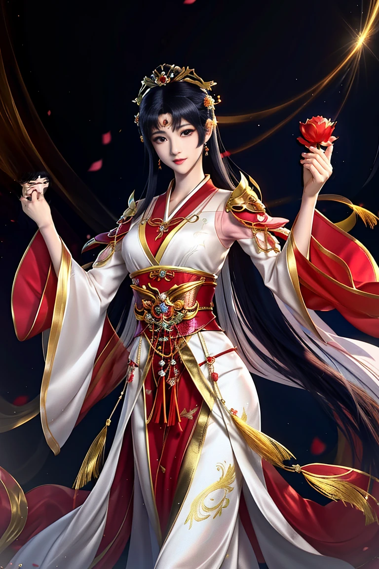 Golden royal dress,red color Hanfu,Silk material,ellegance,Unique charm,Graceful posture,Sexy lines,exquisite design,high-necked,fitted cut,Slender neck,As graceful as a swan,Warm and auspicious,Red pattern,Gorgeous and luxurious,Golden decoration,Bright colors,golden headdress,Thin gold belt,Slim waist,Feminine beauty,Comely,Flowers with buds to be placed,Seduce the heart,Playful,Traditional charm,Modern fashion,Classical erotic appeal,Admiration and admiration,beautiful and seductive anime woman, seductive anime girls, Beautiful anime woman, Beautiful anime girl, Anime goddess, Guviz, a beautiful fantasy empress, ((a beautiful fantasy empress)), attractive anime girls, Guviz-style artwork, Smooth anime CG art,china goddess, Close-up, bust chart