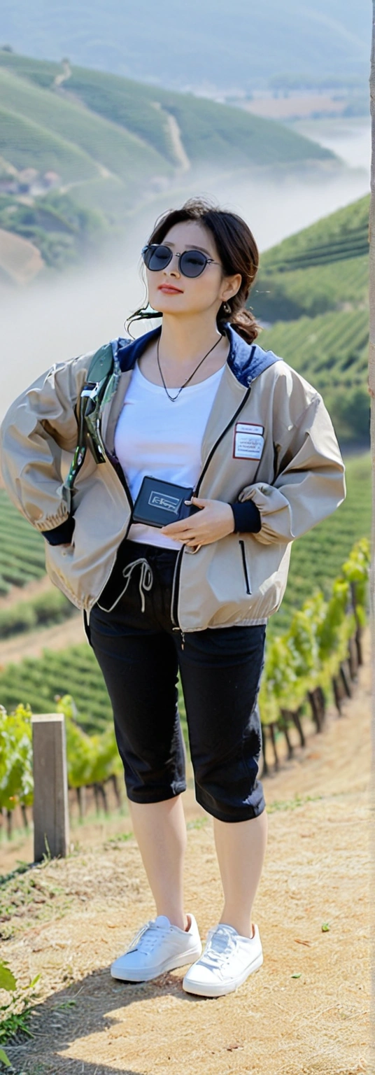 8k best picture quality, Beautiful 36-year-old Korean woman, You have good skin and big and pretty eyes.... Chest size 34 inches, italian countryside, Passing the grapevine, A river can be seen in the distance through thick fog...., The background is realistic and vivid quality...., Short and medium hair blowing in the wind, Wear a high-end, luxury windbreaker over your t-shirt.. beige casual pants, i am smiling. Standing on a hill overlooking a misty vineyard. the background is clear, Short and slim Korean woman, stand far away, Full body photo taken with Canon Mark 5 camera 16-35 wide angle lens, A woman with big and pretty eyes, eyes are round and big. Taken while standing on a vineyard hill overlooking the river