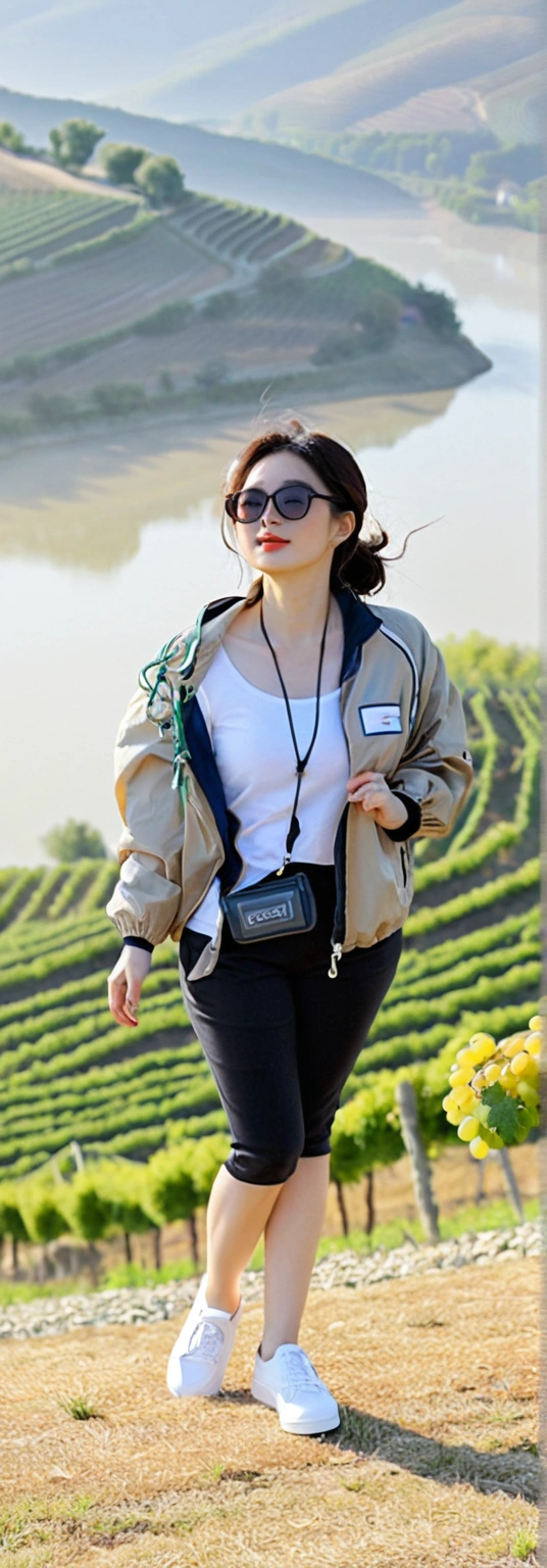 8k best picture quality, Beautiful 36-year-old Korean woman, You have good skin and big and pretty eyes.... Chest size 34 inches, italian countryside, Passing the grapevine, A river can be seen in the distance through thick fog...., The background is realistic and vivid quality...., Short and medium hair blowing in the wind, Wear a high-end, luxury windbreaker over your t-shirt.. beige casual pants, i am smiling. Standing on a hill overlooking a misty vineyard. the background is clear, Short and slim Korean woman, stand far away, Full body photo taken with Canon Mark 5 camera 16-35 wide angle lens, A woman with big and pretty eyes, eyes are round and big. Taken while standing on a vineyard hill overlooking the river