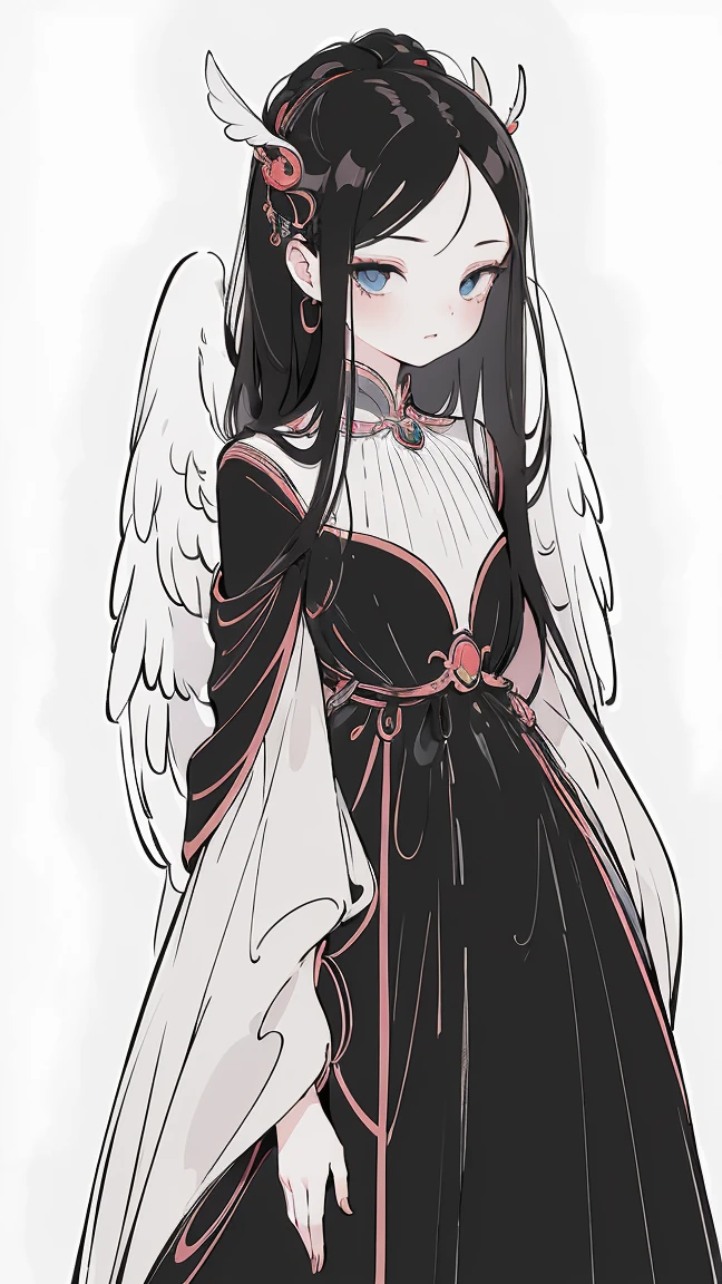 (Designed by nty:1.4),Upper body portrait of a girl,Black bright color, rich and colorful, Yoshitaka Amano character design,Solitary,Angelic, symmetrical beautiful, Angel Wings, Gorgeous long dress, stand up, (((Solitary))), Color Matching,Clear facial features, Clean lines design, Magic Elements, Future Technology, ((tarot card background)), Standing figure, ((Flat Color)), (masterpiece,Top quality,best quality,Ultra-high resolution), ((Exquisite facial features,Clear facial features,beautiful eyes,Pretty Face)) ,(32K Wallpaper),