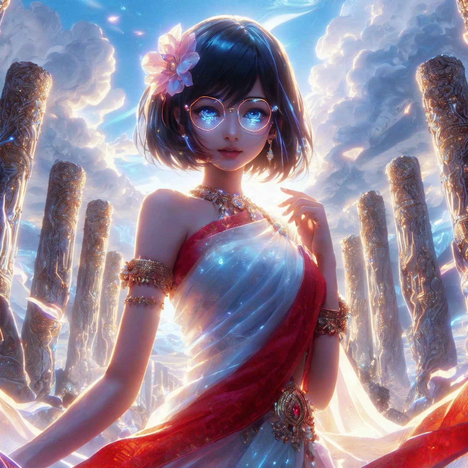 Indian Goddess Woman Super realistic Indian model , Close-up of a woman in a blue dress with lights shining behind her., extremely detailed Argerm, anime goddess, beautiful heavenly mage, High quality 8K detailed artwork., Argerm. anime illustration, Beautiful Fantasy Empress, beautiful girl, Fantasy anime artwork, beautiful goddess, Argerm style, Detailed digital anime art