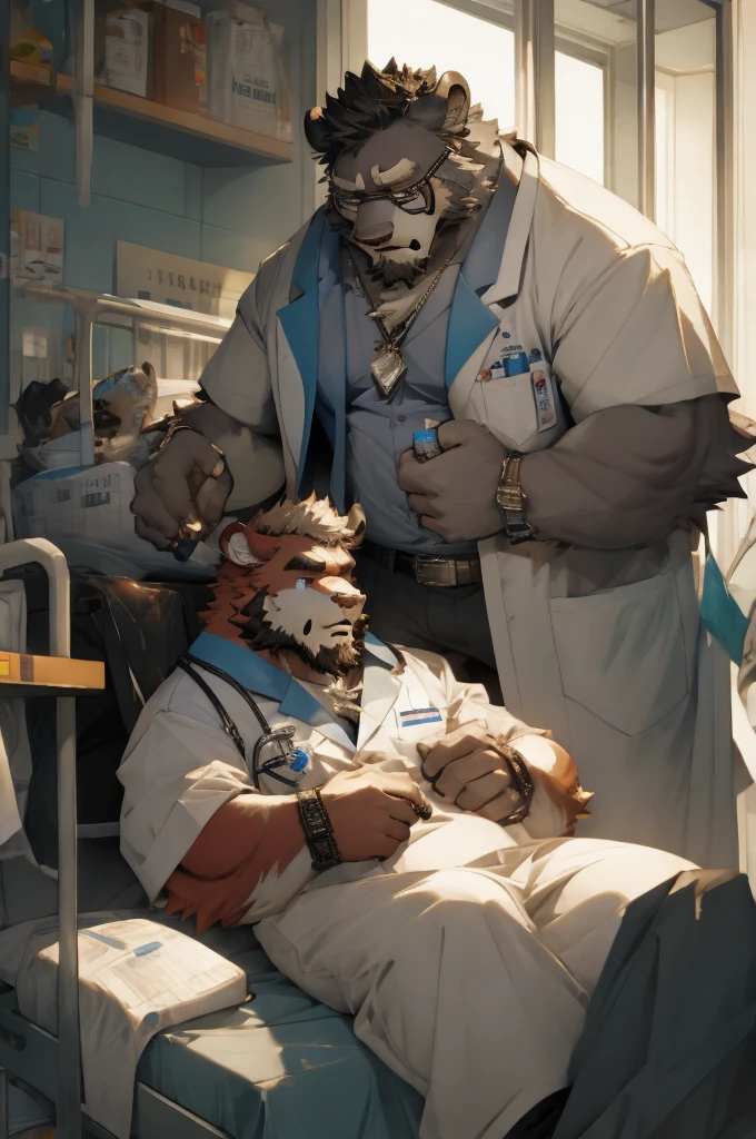 Hospital,There are many male beastmen treating patients.