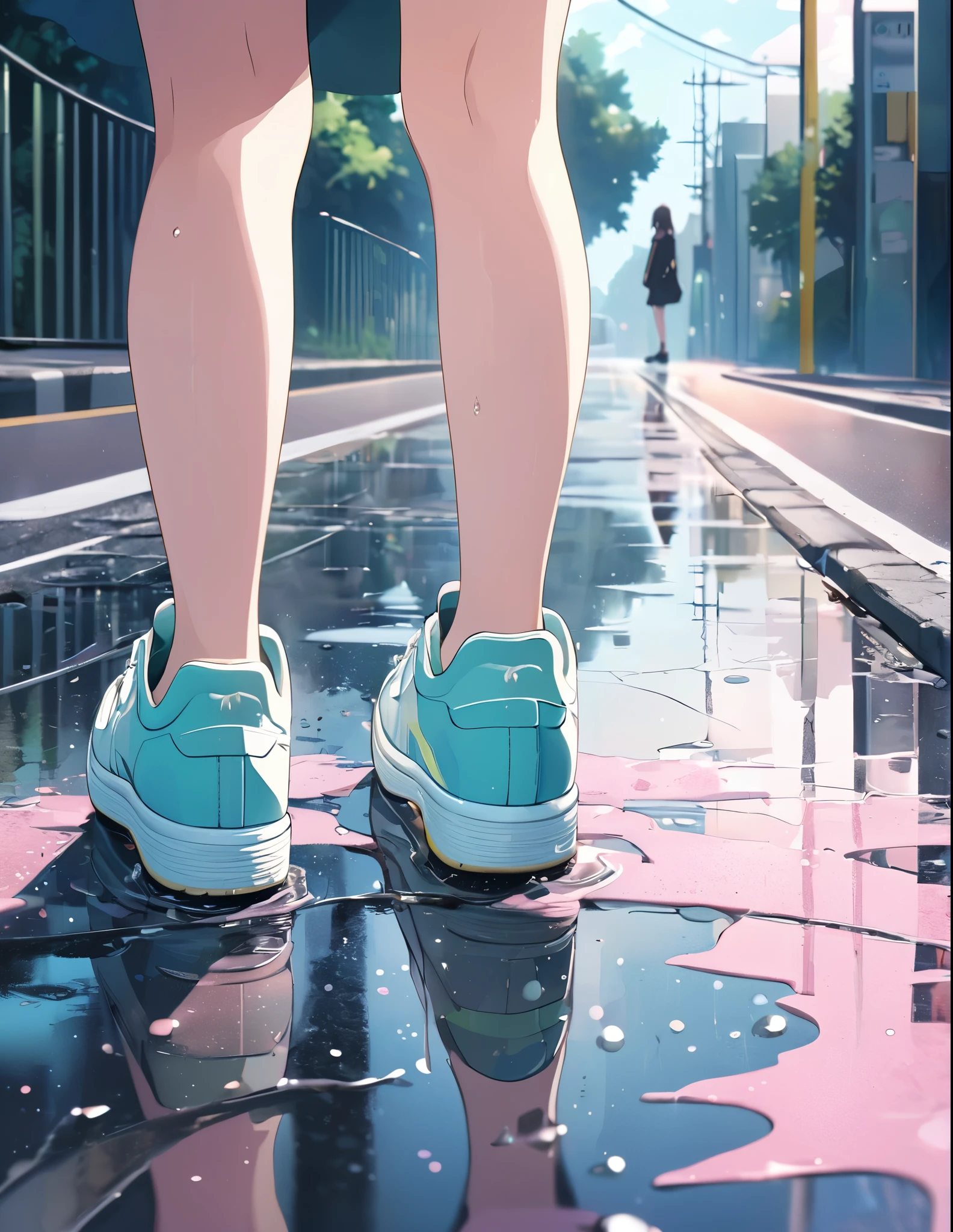 (anime style:1.4),Soft pictorial touches、超High resolution, Attention to detail, high quality, High resolution, 最high quality, 4K, 8K,Highly detailed depiction of a girl、Road after the rain、Puddle and girl、Pastel color effect、whole body、Close-up