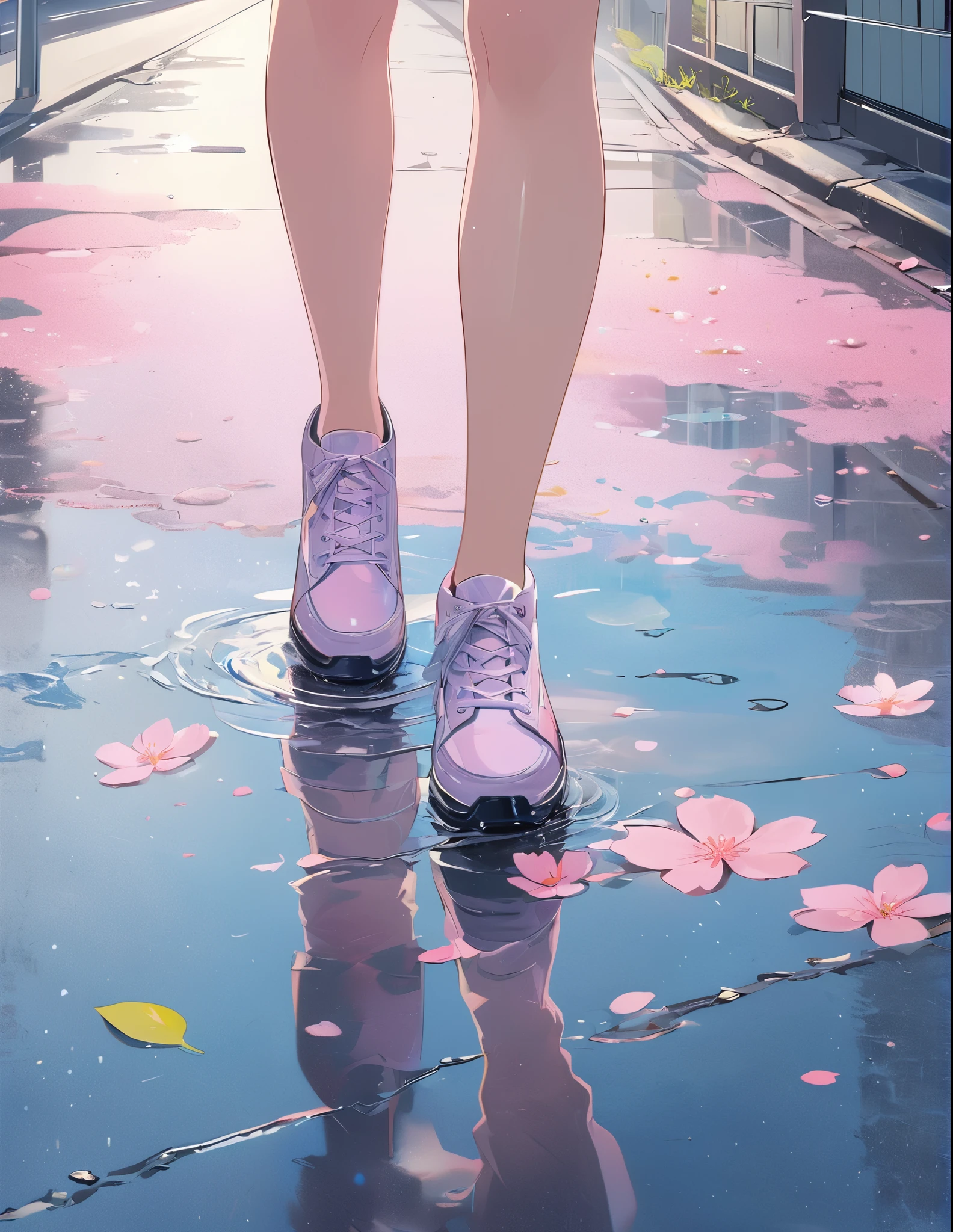 (anime style:1.4),Soft pictorial touches、超High resolution, Attention to detail, high quality, High resolution, 最high quality, 4K, 8K,Highly detailed depiction of a girl、Road after the rain、Puddle and girl、Pastel color effect、whole body、桜の花びら