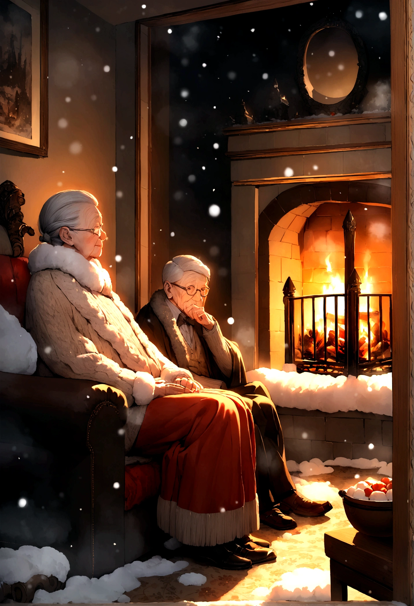 cold winter，night，In a warm room，fireplace，(Two old people),Sitting on the sofa,Heavy snow outside the window