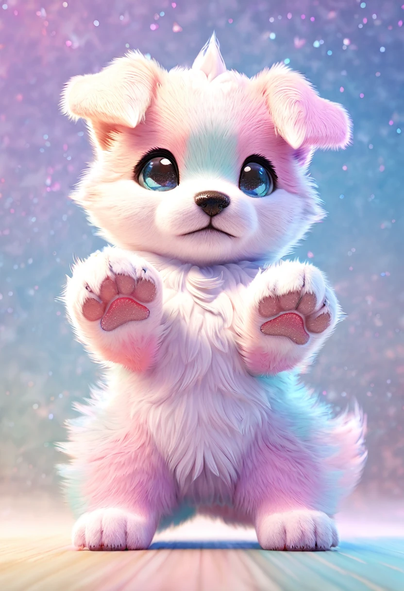 Highest quality, Super quality, Very detailed, 2.5D, delicate and dynamic, Cute fluffy puppy is standing, Claw Pose, PAW Pose, Sparkly pastel color effect background