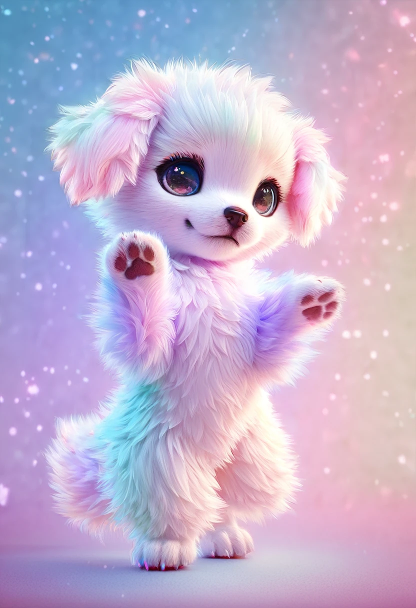 Highest quality, Super quality, Very detailed, 2.5D, delicate and dynamic, Cute fluffy puppy is standing, Claw Pose, PAW Pose, Sparkly pastel color effect background
