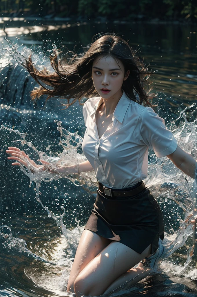 18s woman in thai university uniform, long straight wet hair, white wet short-sleeve shirt, black wet tight mini skirt, brown belt, white sneakers, masterpiece:1.2, high detail, realistic, cinematic scene, slim and perfect figure, perfect body proportions, 16k, portrait photo, dynamic pose, dynamic compositions, water, surrounded by heavy swirl water from head to toes, motion blur, long exposure, at sea shore, martial arts, blue light tone, water magic, (water element:1.2), water goddess, see black bra and skin through wet shirt, xuer martial arts, water wall, insane detailed on face, close up