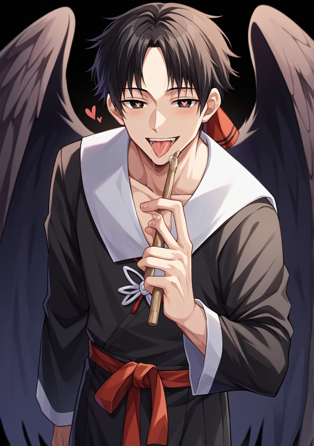 score_9, score_6_climb, source_anime, 1 man, alone, climbper body, Shinomiya Kaguya, conjunctivitis, black hair, black dress, white sailor collar,, Put your hand on your chin., Heart-shaped eyes, no pclimbils, smile softly, tooth, tsurime, black background , stick out your tongue, sexy, saliva, flirt, It has black wings., Hakama style kimono,Thondakar