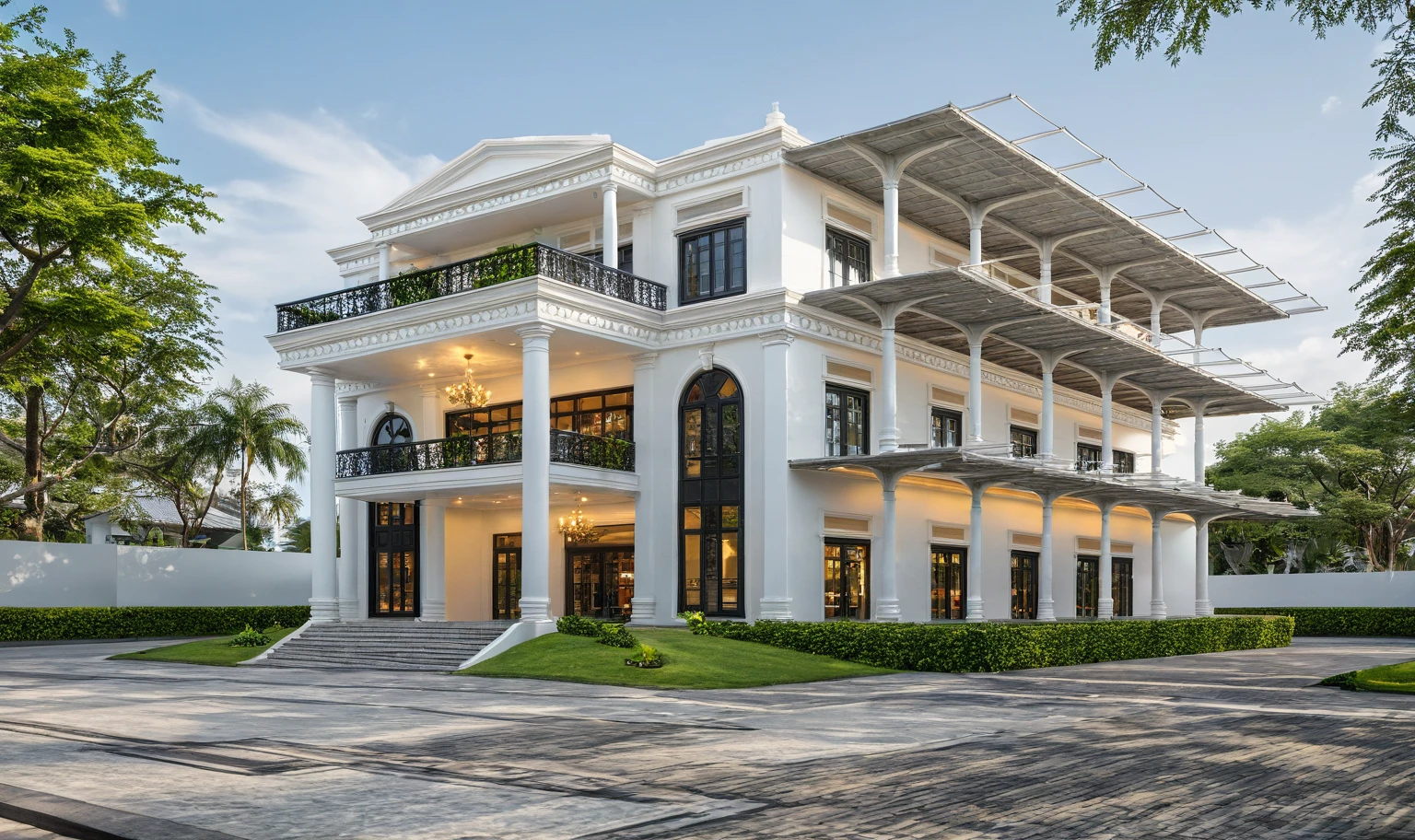 neo classical villa on street, (daylight), tropical tree, vivid colour, streetcapes, white tone, black detail, white wall, large glass door, warm interior lighting, best quality, masterpiece, ultra realistic