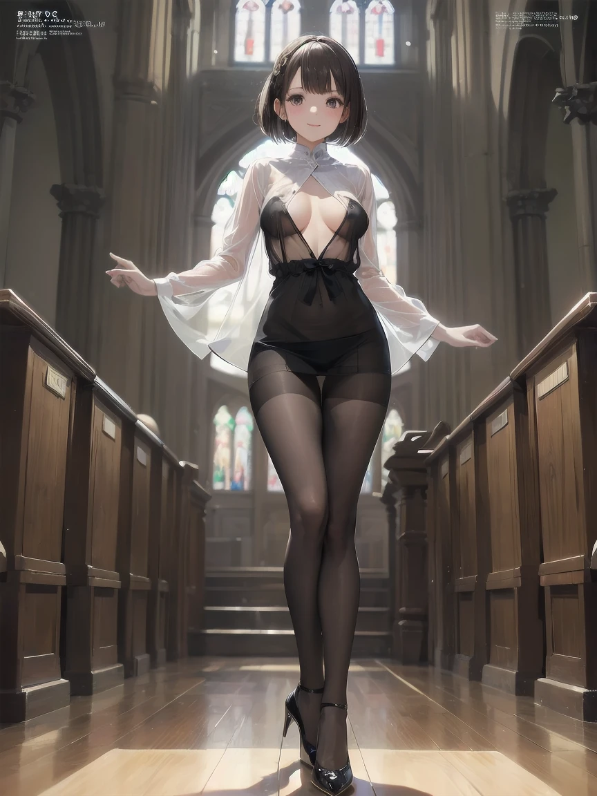 (Ultimate masterpiece), (Superb quality), (Ultra-detailed), High resolution, Ultimate beauty, High saturation, Vivid,.
 
 (((no bra))),(((See-through))),(((no bra))),(((See-through))),
1 beautiful girl, (cute girl), (thighs, black tights), (high heels), (cathedral dress), convent dress,
Super smile, brown hair, one length bob cut braided, (standing, dynamic pose), (dainty pose, super cute), oldest and historic place of worship, indoor background,
Fashion magazine shoot, professional shading, best illustration of her looking pretty.(((no bra))),(((See-through))),(((no bra))),(((See-through))),