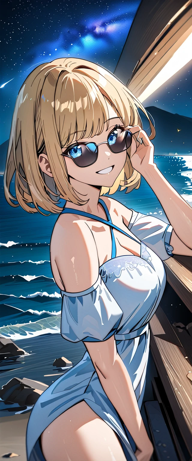 ((grin)), 風が強い, ((off-shoulder dress:1.3, criss-cross halter)), ((sundress)), ((cleavage)), ((blond hair, bob cut:1.3)), ((sunglasses, hand to sunglasses)), (((from side))), ((((upper body)))), bare legs, (()), (((a beautiful starry sky, the Milky Way shining beautifully in the night))), ((standing on the very high cliff)), wavy hair, inward curled hair, ((sea, nature)), breasts, teenager, (looking at viewer), puffy long sleeves, collarbone, head tilt:1.3, (((blue eyes))), happy smile, (((anime style))), (best quality, 4K, 8K, highres, masterpiece:1.2, ultra-detailed, ultra-detailed eyes, HDR, uhd, studio lighting, ultra-fine painting, sharp focus, physically-based rendering, extreme detail description, professional, vivid colors, bokeh)