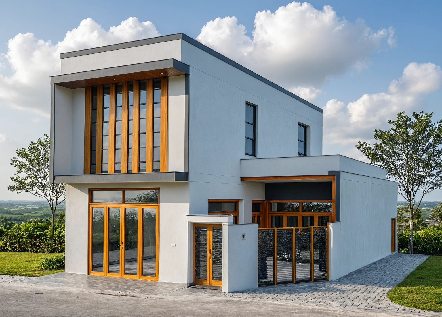 Masterpiece, high quality, best quality, authentic, super detail, outdoors, onestoreyvillaXL, aiaigroup, house style modern on the street ,stairs, white wall ,road,pavement, grass, trees, sky, cloud, (daylight:1.1)