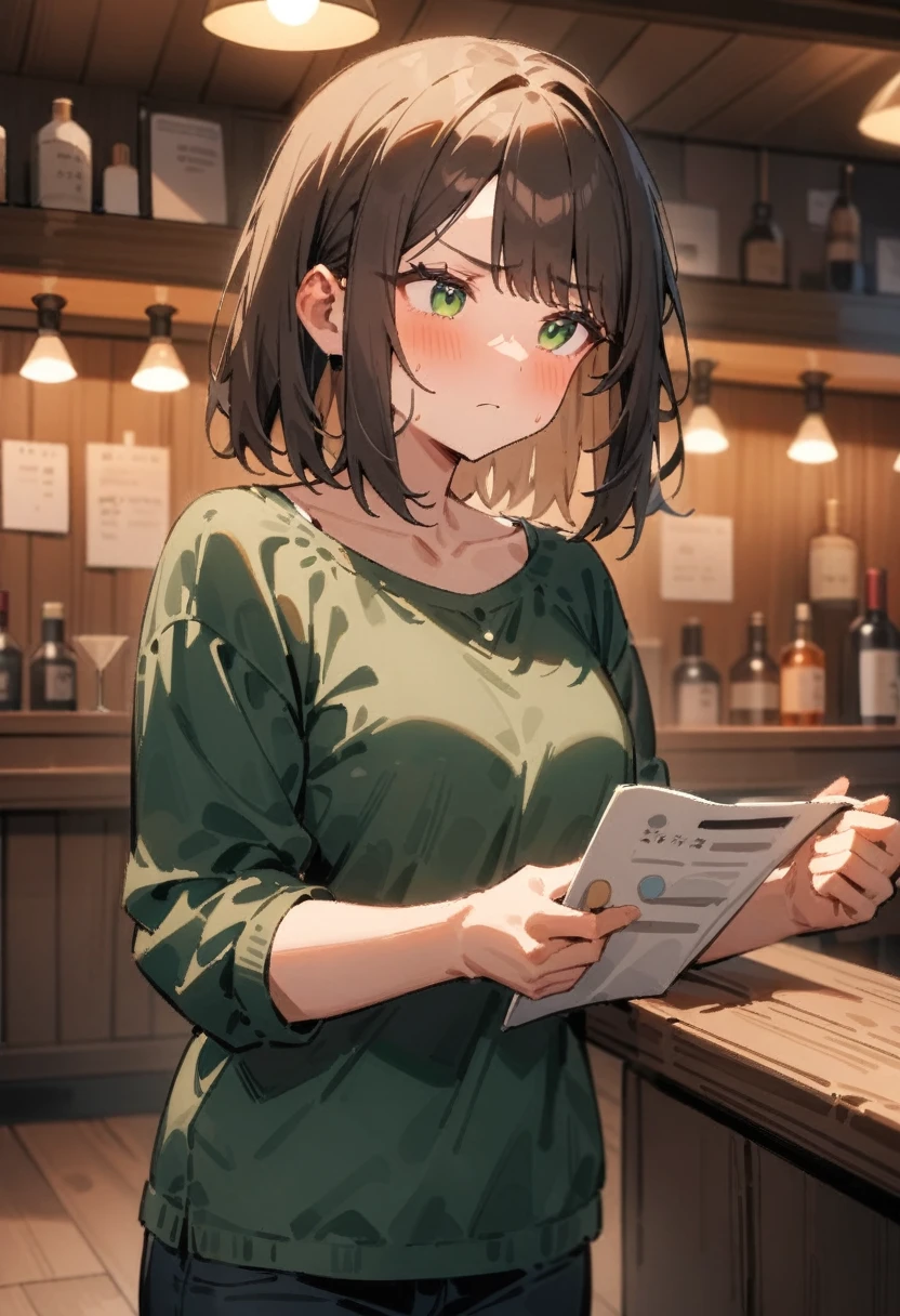 masterpiece, best quality, very aesthetic, absurdres, newest, 1girl, solo, asymmetrical bangs, tareme, late twenties, long brown hair, green eyes, serious expression, casual clothes, standing, talking, speech, (holding medical report), dimly lit bar, wooden furniture, cozy bar interior, other patrons listening, intense mood, upper body, bar counter