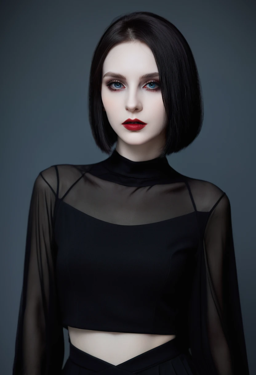 (high quality: 1.3), Lenses, masterpiece, (Clear focus: 1.5), (Reality: 1.3), Medium Portrait (A young beautiful vampire woman, Pale skin, Gothic, Still proud and fierce, Black Straight Short Bob Hairstyle, Dark, Wearing a very fine dark tunic, Dark atmosphere, Instead, it uses sharp contrasts of light and dark to create shapes.), It&#39;s night, (Very delicate skin), (Delicate face),  Detailed background, Dim Lights, Dusk lighting, Volumetric Lighting, Intricate details, Ultra HD,
