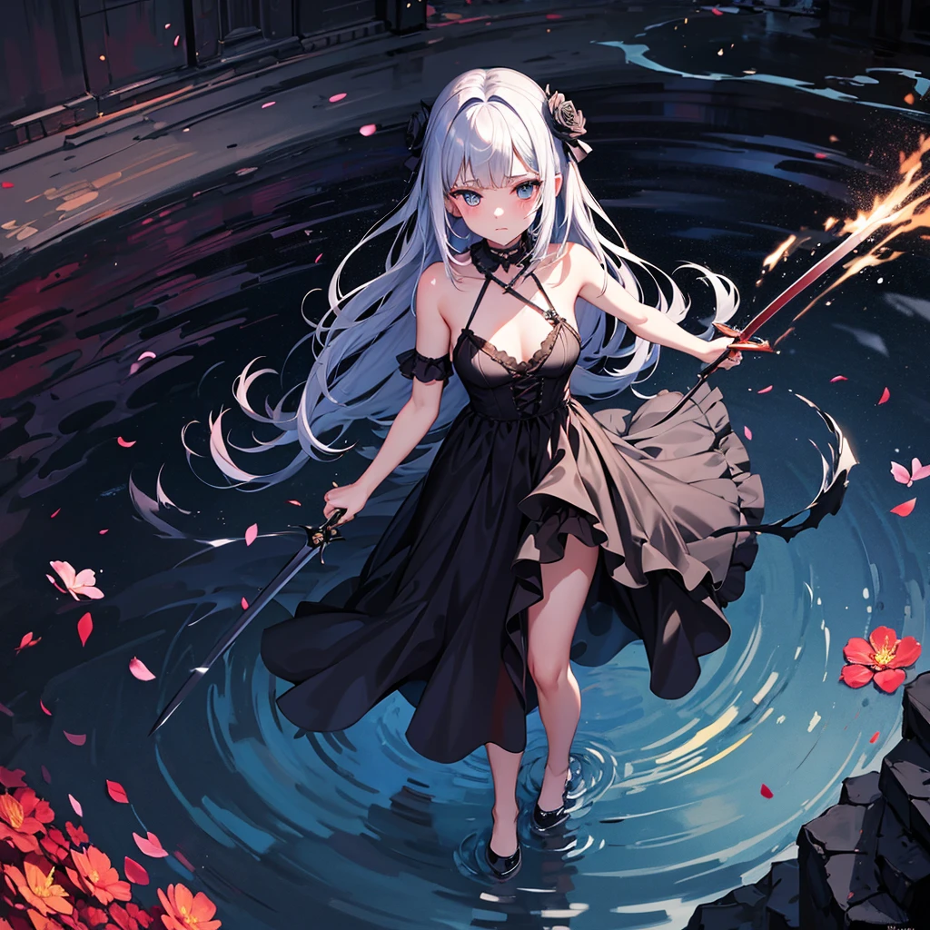 dark angel, flowers and sword, splashed water, dimaond, smoke, lolita long dress, rage, bloody