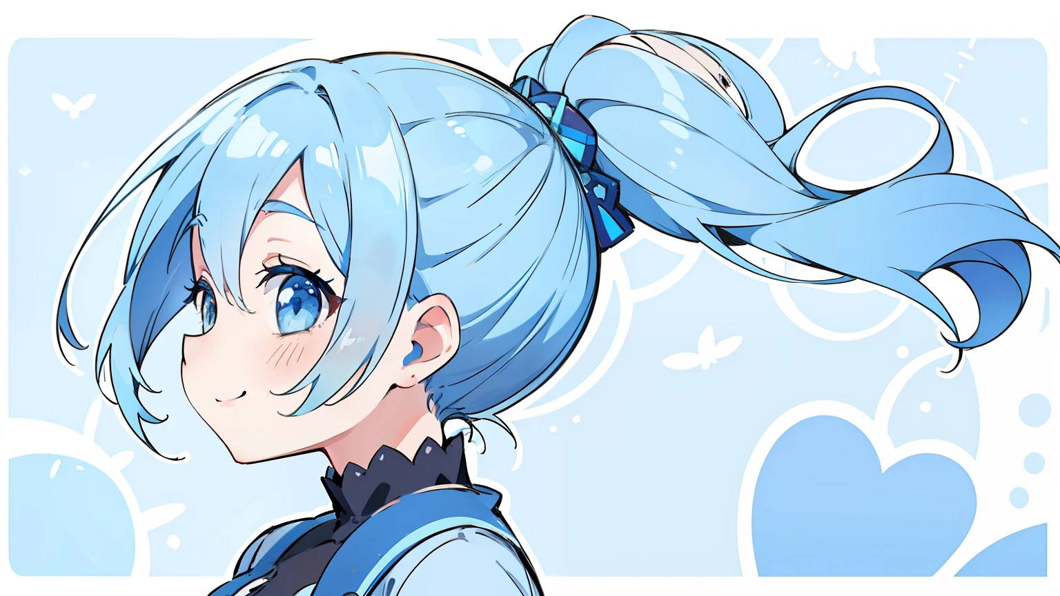 masterpiece, beautiful detailed, 1girl, (casual wear), baby blue Eyes, baby blue hair, ponytail, Happy Smile, medium breasts, hair intakes, blue theme, profile, (((bold outline))), limited palette