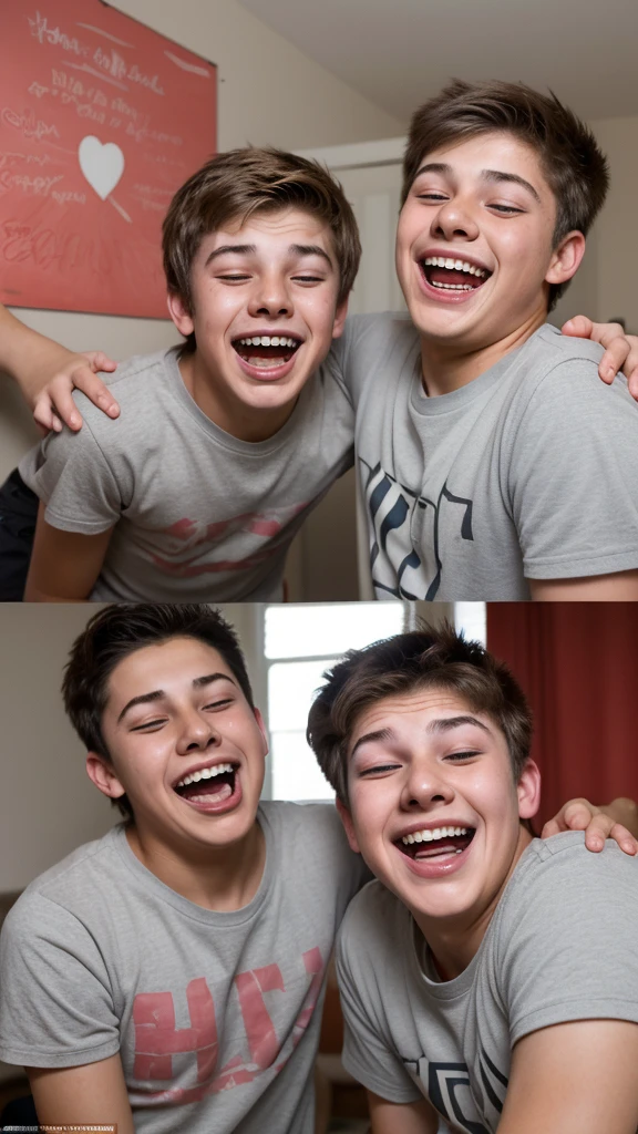 2 teenage boys are laughing in nervousness and worried look on there face