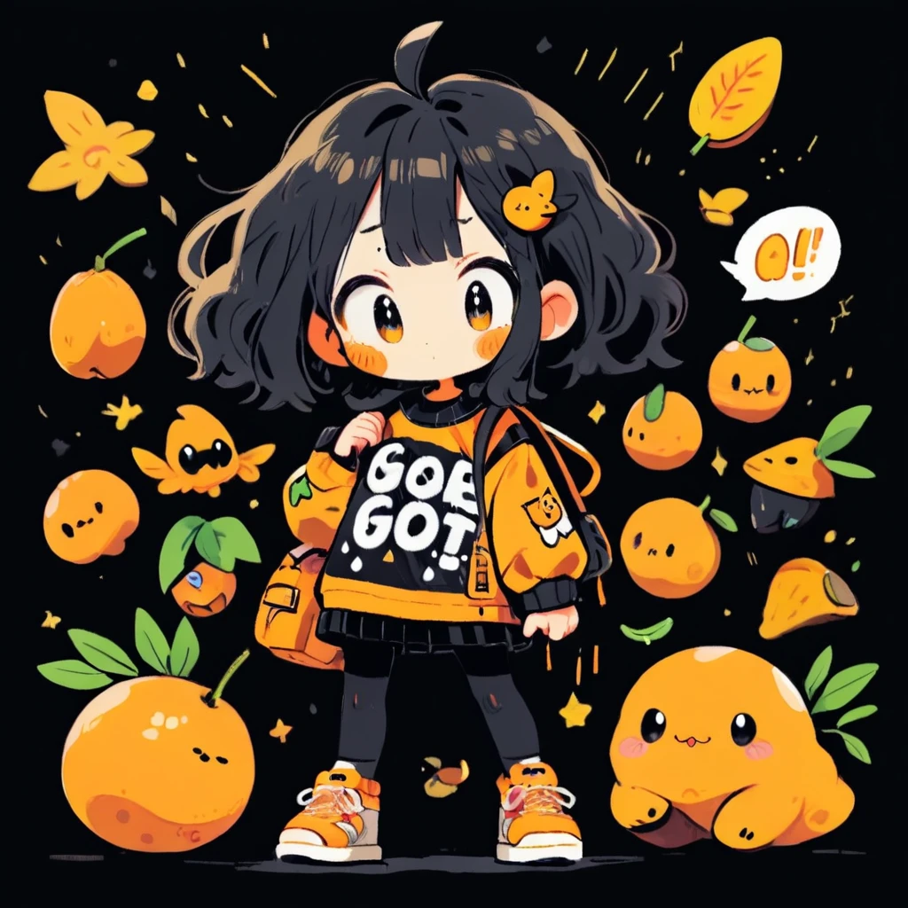 cute tiny creature made of mango , scared , fearful gesture , wearing modern clothes , on black background