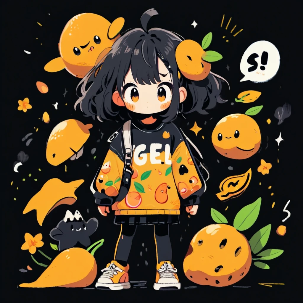 cute tiny creature made of mango , scared , fearful gesture , wearing modern clothes , on black background