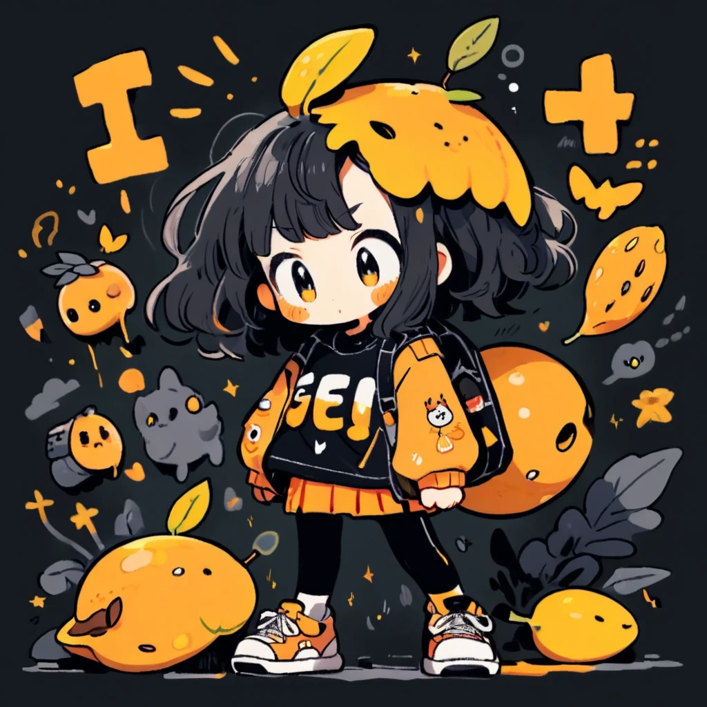 cute tiny creature made of mango , scared , fearful gesture , wearing modern clothes  , on black background
