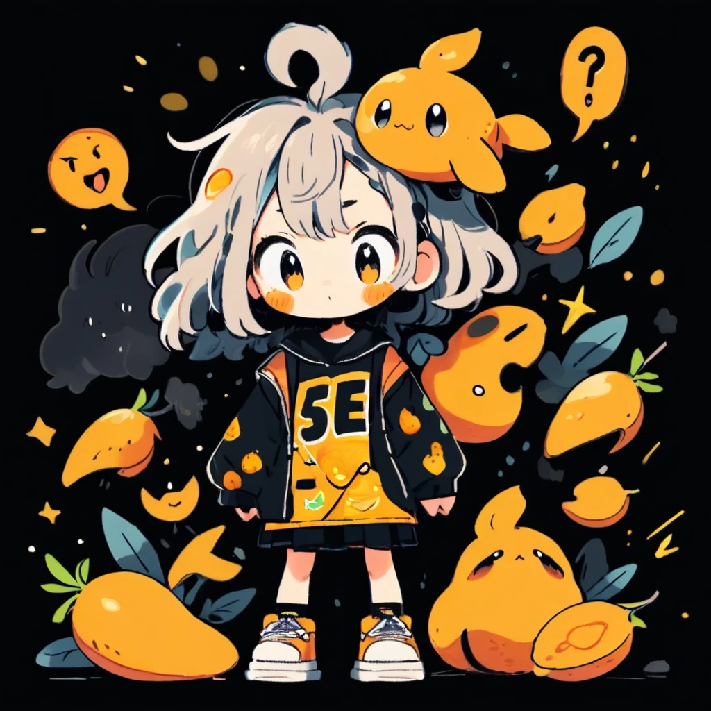 cute tiny creature made of mango , scared , fearful gesture , wearing modern clothes , on black background
