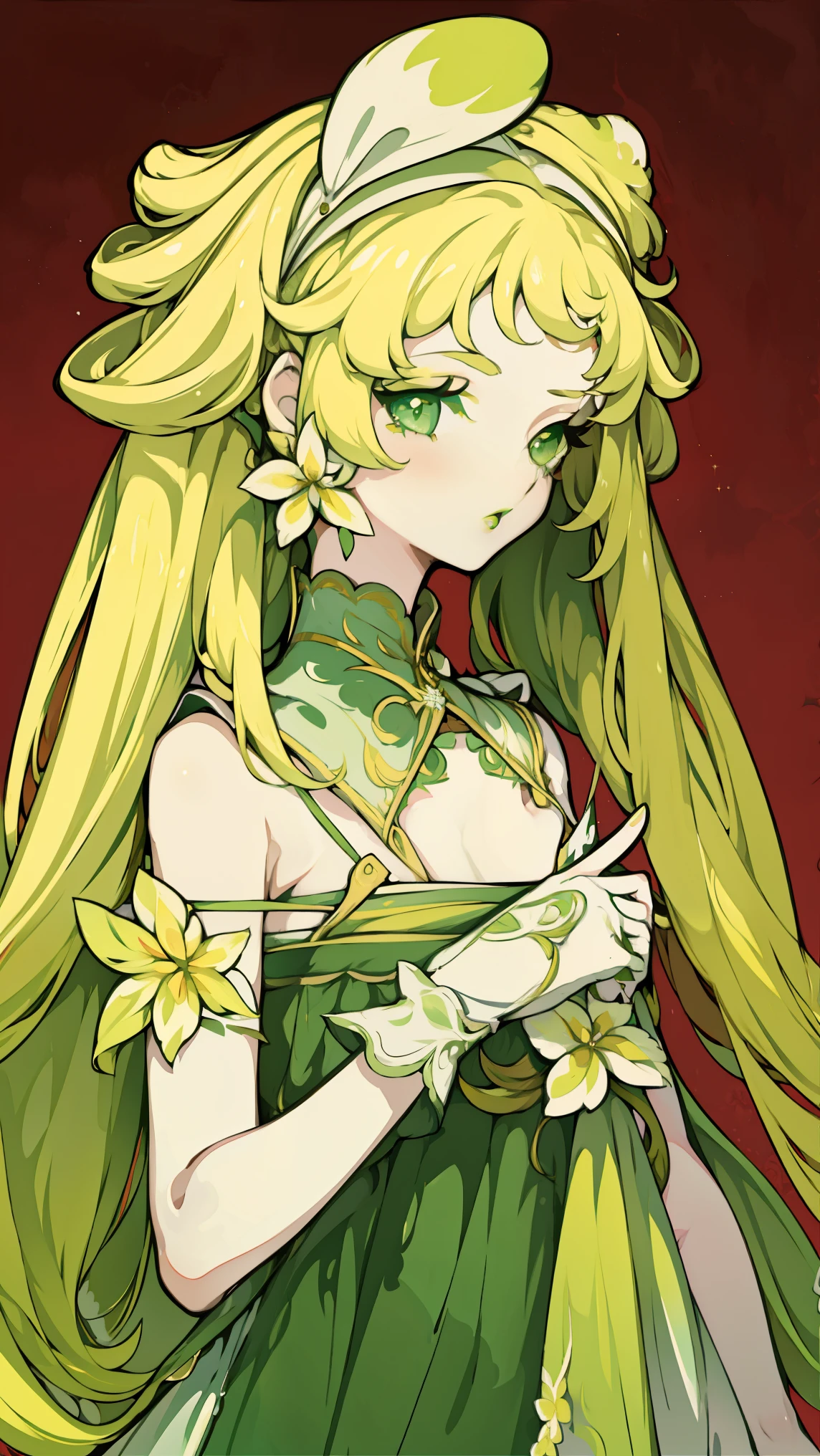 Painted on the chest, Honey, (1 girl), ((Solitary)), ((solitary)), charming, White skin, By Bangs, Blonde short hair, Green Eyes, Hair accessories, Very long hair, flowering, Shine beautiful light, Flowing hair, Green headband,Gloves，Eyeshadow, (Red lips), (Lace dress), masterpiece, high quality